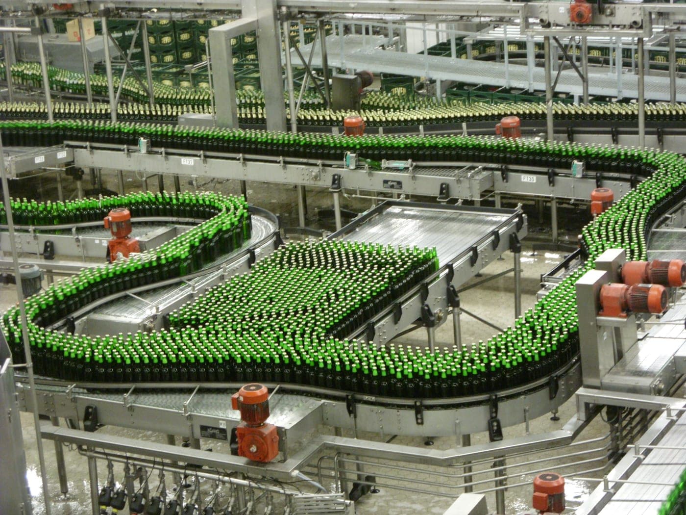 Automated bottling line on a beverage production floor