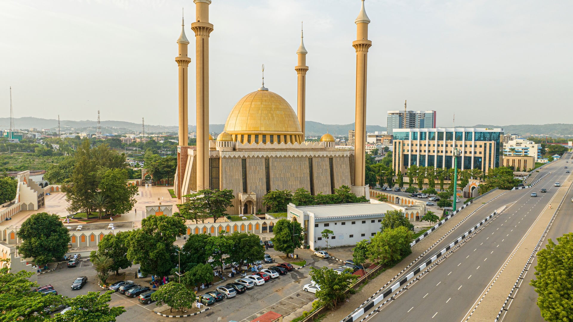 Aerial view of Abuja National Mosque and surrounding city district