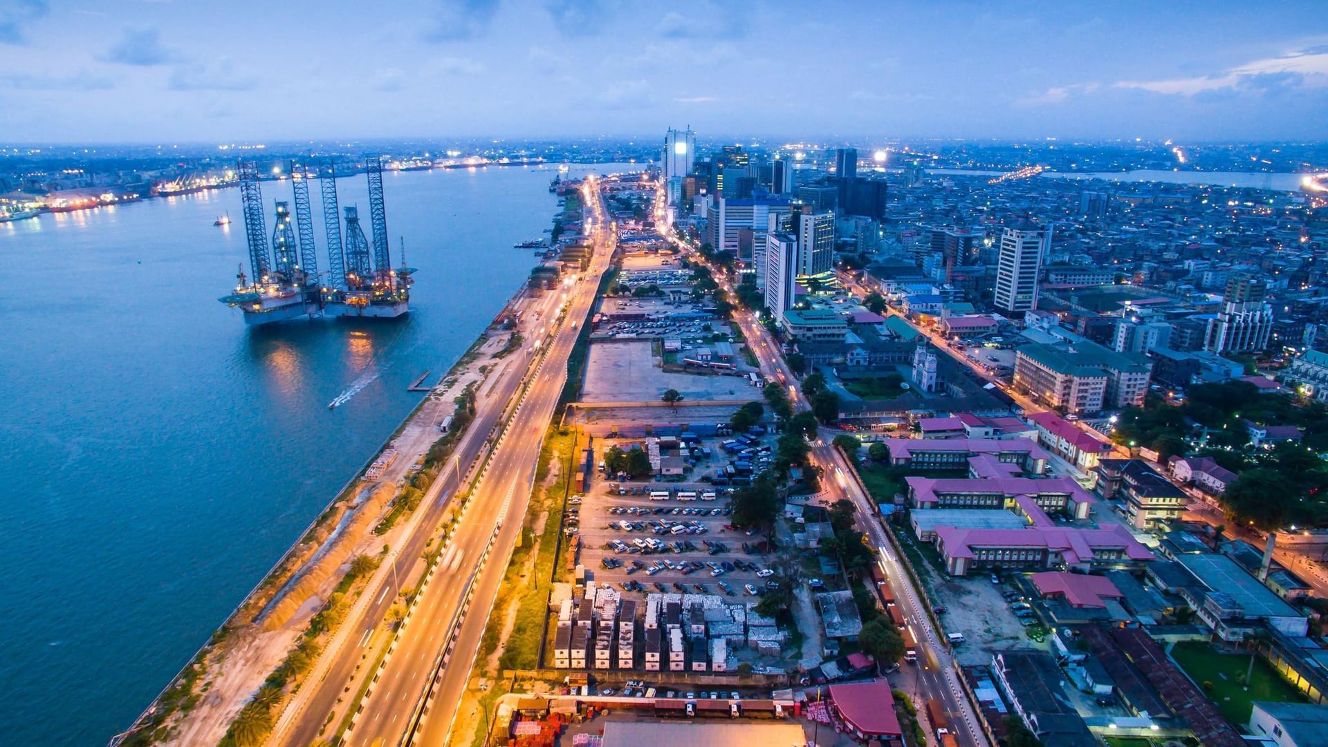 Aerial view of Lagos Island and waterfront at dusk